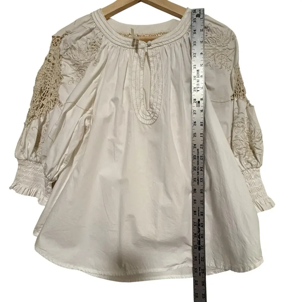 By Anthropologie Crochet Peasant Blouse Embroidered Puff Sleeves SIZE SMALL Boho